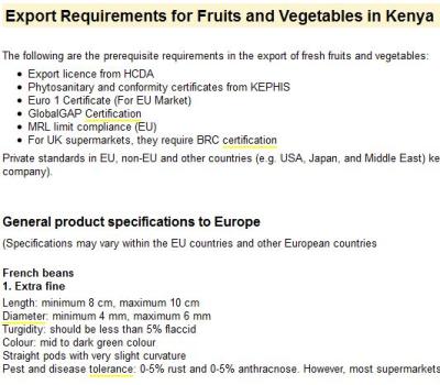 Basic Export Requirements (Fruit,Vegetable) in Kenya
