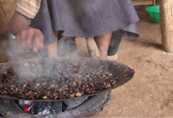 Child roasting Coffea arabica seeds in Kamashi, Ethiopia Ⓒ Maundu, 2014